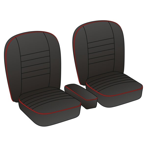 SEAT COVER SET, LEATHER, BLACK/RED PIPING