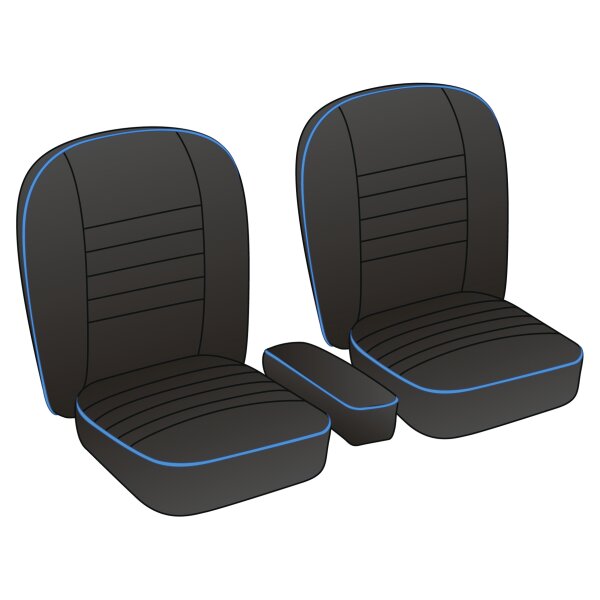 SEAT COVER SET, VINYL, BLACK/BLUE PIPING, PAIR