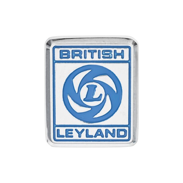 Emblem "British Leyland", silberner Hintergrund, blaue Schrift, Metall