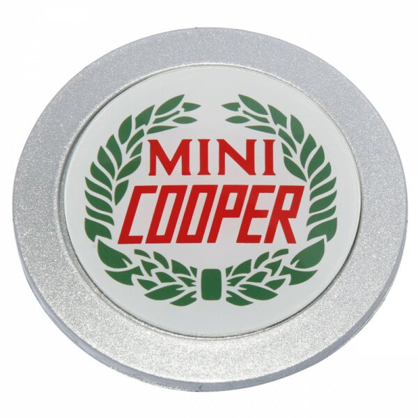 Felgen-Mittelkappe &quot;MINI Cooper&quot; rot/gr&uuml;n auf weiss, passt zu 52mm Zentr.