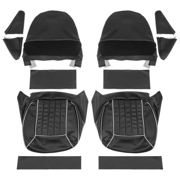 SEAT COVER SET, VINYL, BLACK/WHITE PIPING, PAIR